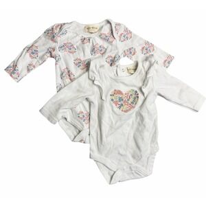Rabbit Bear Organic Baby‎ Bodysuit Set 0-3M Floral Heart Long Sleeve Lot 2